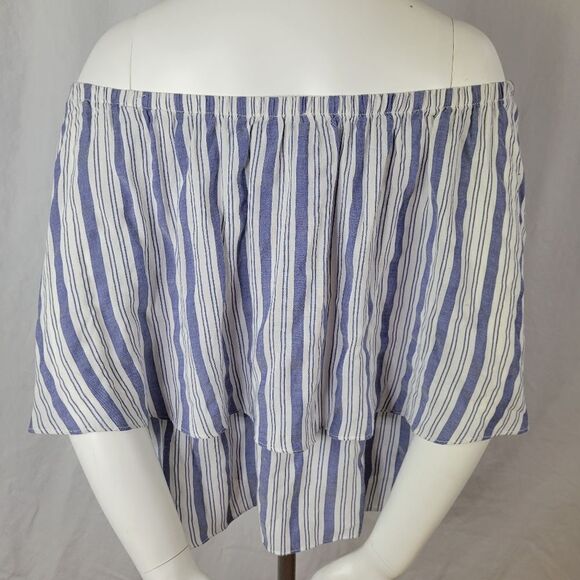 Kate Landry ee:some Off the Shoulder Denim Blue and White Striped‎ Top Size L - Picture 3 of 8